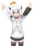  1girl :d \o/ animal_ears animal_hood arms_up azuma_lim azuma_lim_channel black_choker black_legwear black_skirt blush cat_ears cat_hood choker daifukumochi_(akaaokiiwo) ear_piercing head_tilt highres hood hood_up hoodie long_sleeves looking_at_viewer open_mouth outstretched_arms piercing pleated_skirt puffy_long_sleeves puffy_sleeves simple_background skirt smile solo thighhighs upper_teeth virtual_youtuber white_background white_hoodie 