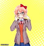  ;) artist_name bespectacled black-framed_eyewear blue_eyes blue_skirt bow commentary doki_doki_literature_club english_commentary glasses hair_bow hand_on_own_face looking_at_viewer one_eye_closed outline pink_hair pleated_skirt red_bow savi_(byakushimc) sayori_(doki_doki_literature_club) school_uniform short_hair simple_background skirt smile solo upper_body white_outline yellow_background 