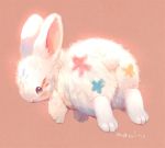  animal_focus blue_eyes bunny colorful commentary_request full_body looking_at_viewer looking_back manino_(mofuritaionaka) no_humans original pink_background signature 