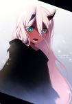  black_robe blush commentary_request darling_in_the_franxx dated hair_between_eyes horns konshin long_hair looking_at_viewer open_mouth pink_hair red_pupils red_skin sharp_teeth signature solo spoilers teeth upper_body very_long_hair zero_two_(darling_in_the_franxx) 