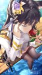  animal_ears atago_(azur_lane) azur_lane bangs black_hair black_legwear blush breasts closed_eyes closed_mouth collared_shirt dock extra_ears eyebrows_visible_through_hair flower from_above garter_straps hair_flower hair_ornament hair_ribbon hand_on_own_face highres jacket katana large_breasts long_hair long_sleeves military military_jacket military_uniform miniskirt mole mole_under_eye no_shoes pinky_out red_flower red_rose ribbon ripples rose sheath sheathed shirt sidelocks sinner_(1205344578) sitting skirt smelling_flower smile soaking_feet solo swept_bangs sword thighhighs thighs uniform water weapon white_jacket white_ribbon white_shirt 