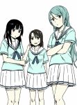  aqua_hair bang_dream! bangs black_hair blue_neckwear crossed_arms finger_to_cheek flat_color frown green_eyes grey_eyes hair_between_eyes hair_ornament hairpin hanasakigawa_school_uniform hikawa_sayo limited_palette long_hair multiple_girls murata_(igaratara) neckerchief okusawa_misaki open_mouth pleated_skirt purple_eyes school_uniform serafuku shirokane_rinko short_sleeves simple_background skirt standing sweatdrop white_background white_skirt 