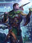  architecture armor beard brown_eyes brown_hair cape clenched_hand cloud daisenran!!_sangokushi_battle east_asian_architecture facial_hair gloves green_cape green_gloves male_focus official_art outdoors over_shoulder polearm sheath sheathed smile solo spear standing sword tatsuya_(atelier_road) watermark weapon wide_sleeves 