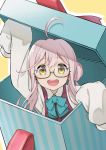  :d absurdres ahoge bangs blue_neckwear bow bowtie box brown_eyes collared_shirt commentary_request gift gift_box glasses green-framed_eyewear hand_up highres in_box in_container kantai_collection long_hair long_sleeves looking_at_viewer makigumo_(kantai_collection) open_mouth outline pink_hair red_vest round_teeth saruchitan semi-rimless_eyewear shirt simple_background sleeves_past_fingers sleeves_past_wrists smile solo teeth under-rim_eyewear vest white_outline white_shirt wing_collar yellow_background yellow_eyes 