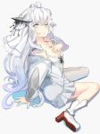  ahoge bangs blue_eyes breasts chest_tattoo cropped_jacket dress eyebrows_visible_through_hair hair_ornament high_heels key long_hair nekomegane open_mouth original single_thighhigh sitting small_breasts tattoo thighhighs wariza white_background white_dress white_hair 