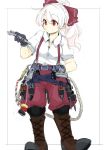  alternate_costume arm_behind_back azumaya_toushirou baggy_pants belt boots bow brown_footwear commentary_request cross-laced_footwear eyebrows_visible_through_hair fujiwara_no_mokou full_body gloves hair_between_eyes hair_bow hand_up highres holding holding_wrench knee_pads lace-up_boots large_shoes long_hair pants pants_tucked_in pink_hair ponytail puffy_pants red_eyes red_pants shirt shoes short_sleeves sketch solo standing suspenders tomboy tools touhou utility_belt white_shirt wrench 