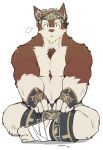  2018 anthro canine clothing digital_media_(artwork) fur headband hi_res horkeukamui kemono loincloth male mammal multicolored_fur muscular muscular_male nipples pecs seintaur simple_background solo tokyo_afterschool_summoners white_fur wolf 