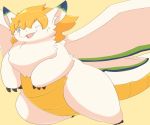  abstract_background ambiguous_gender big_ears black_claws blonde_hair blue_eyes blush claws cute dragon flammie fluffy fur furred_dragon hair mana_(series) mane multi_wing next_wada slightly_chubby solo thick_thighs video_games wings 