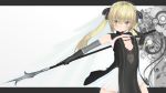  3d 3d_custom_girl blonde_hair blush elbow_gloves gloves green_eyes hair_ribbon highres long_hair looking_at_viewer original polearm ribbon solo taii_(tng1014) twintails weapon 