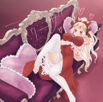  aliza_(granblue_fantasy) arm_warmers blush bow breasts commentary_request couch draph dress forehead_protector granblue_fantasy haduki_hd hair_bow horns huge_breasts long_hair looking_at_viewer lying on_bed on_couch panties pillow red_dress red_eyes ribbed_legwear ribbed_panties silver_hair smile solo thighhighs underwear white_legwear white_panties 