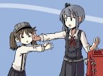  &gt;_&lt; adrian_ferrer brown_hair clothes_hanger commentary dress english_commentary grey_hair hair_ribbon height_difference japanese_clothes kantai_collection kariginu kasumi_(kantai_collection) multiple_girls open_mouth outstretched_arm pinafore_dress pleated_skirt reaching ribbon ryuujou_(kantai_collection) side_ponytail sidelocks skirt suspenders twintails visor_cap 
