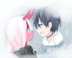  1girl black_hair blue_eyes coat commentary couple darling_in_the_franxx face-to-face green_eyes grey_coat highres hiro_(darling_in_the_franxx) horns long_hair looking_at_another oni_horns parka pink_hair red_sclera red_skin spoilers taki325555 winter_clothes winter_coat zero_two_(darling_in_the_franxx) 