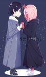  1girl black_hair coat commentary_request couple darling_in_the_franxx fur_trim grey_coat hiro_(darling_in_the_franxx) holding_hands horns long_hair looking_at_another nakodayo09 oni_horns parka pink_hair red_sclera red_skin spoilers tears winter_clothes winter_coat zero_two_(darling_in_the_franxx) 