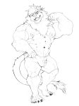  anthro armpit_hair beard black_and_white bulge clothed clothing cursedmarked facial_hair feline flexing looking_at_viewer male mammal monochrome muscular muscular_male open_mouth pecs solo standing topless veiny_muscles 