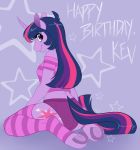  2015 anthro anthrofied birthday clothing cutie_mark deejayhan english_text equine female friendship_is_magic hair hi_res hooves horn legwear long_hair mammal multicolored_hair my_little_pony purple_eyes purple_skin smile solo striped_legwear stripes text twilight_sparkle_(mlp) underhoof unicorn 