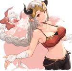  aliza_(granblue_fantasy) bandaged_arm bandages bare_shoulders braid breasts collarbone commentary covered_nipples granblue_fantasy grey_hair groin hair_ribbon headpiece highres horns koretsuki_azuma large_breasts long_hair navel pointy_ears red_eyes ribbon solo strap_gap tank_top 