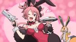  animal_ears bunny_earmuffs bunny_ears bunnysuit curry disgaea food fur-trimmed_jacket fur-trimmed_sleeves fur_trim gun handgun heart highres holding holding_gun holding_weapon jacket makai_senki_disgaea_5 multiple_girls one_eye_closed open_mouth pink_hair seraphina_(disgaea) usalia_(disgaea) weapon yellow_jacket yoshikosu 