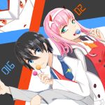  1girl absurdres black_hair blue_eyes candy coat commentary_request couple darling_in_the_franxx food green_eyes highres hiro_(darling_in_the_franxx) holding_lollipop horns lollipop long_hair military military_uniform necktie oni_horns open_clothes open_coat orange_neckwear pink_hair red_neckwear strelizia uniform user_rvaf3478 zero_two_(darling_in_the_franxx) 