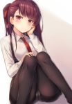  arm_support bangs black_legwear blush bow braid brown_hair closed_mouth collared_shirt commentary dutch_angle eyebrows_visible_through_hair feet_out_of_frame fingernails girls_frontline hair_bow head_tilt highres knees_together_feet_apart long_hair long_sleeves motokonut necktie one_side_up panties panties_under_pantyhose pantyhose pinstripe_pattern red_bow red_eyes red_neckwear shirt sitting solo striped striped_shirt suspenders thighband_pantyhose underwear vertical-striped_shirt vertical_stripes very_long_hair wa2000_(girls_frontline) white_shirt 