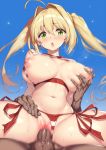  1girl aestus_estus ahoge bangs bikini bikini_aside blonde_hair blue_sky blush breast_grab breasts breasts_outside censored commentary_request criss-cross_halter crying crying_with_eyes_open dark_skin dark_skinned_male day earrings eyebrows_visible_through_hair fate/grand_order fate_(series) flying_sweatdrops fuya_(tempupupu) girl_on_top grabbing green_eyes hair_intakes halter_top halterneck hetero jewelry large_breasts long_hair mosaic_censoring navel nero_claudius_(fate)_(all) nero_claudius_(swimsuit_caster)_(fate) nipples open_mouth outdoors penis puffy_nipples reverse_cowgirl_position sex shiny shiny_skin side-tie_bikini side-tie_bottom sky solo_focus spread_legs straddling striped striped_bikini sweat swimsuit tears testicles twintails upper_teeth vaginal 