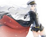  arms_at_sides azur_lane bangs bare_shoulders black_neckwear blush breasts commentary_request cuff_links enterprise_(azur_lane) eyebrows_visible_through_hair floating_hair from_side hair_between_eyes hajikaji hat light_particles long_hair looking_at_viewer medium_breasts military_hat miniskirt necktie open_mouth peaked_cap purple_eyes shirt sidelocks silver_hair skindentation skirt smile solo thighhighs thighs very_long_hair white_background white_hat wind 