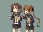 adrian_ferrer brown_eyes brown_hair closed_eyes commentary cosplay crescent crescent_moon_pin english_commentary frown fumizuki_(kantai_collection) fumizuki_(kantai_collection)_(cosplay) hair_tie hand_on_another's_arm kantai_collection legband multiple_girls open_mouth pleated_skirt ponytail remodel_(kantai_collection) ryuujou_(kantai_collection) school_uniform serafuku sidelocks skirt smile thumbs_up twintails 