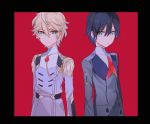  black_hair blonde_hair blue_eyes cow_(shadow) darling_in_the_franxx eyebrows_visible_through_hair green_eyes hiro_(darling_in_the_franxx) long_sleeves looking_at_viewer male_focus military military_uniform multiple_boys necktie nine_alpha red_neckwear uniform 