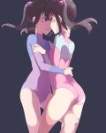  absurdres blush brown_hair hair_ornament kurosa_kichi leotard photokano sakura_mai_(photokano) saliva saliva_trail selfcest simple_background tongue twintails yuri 