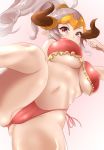  aliza_(granblue_fantasy) bikini blush breasts cameltoe commentary_request draph from_below granblue_fantasy horns huge_breasts leg_up long_hair looking_at_viewer navel pointy_ears red_bikini red_eyes side-tie_bikini silver_hair solo swimsuit underboob yosaku09161 