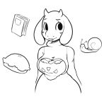  anthro black_and_white blush book boss_monster breasts caprine cute female food gastropod goat hi_res horn itsunknownanon mammal monochrome pie smile snail solo toriel undertale video_games wide_hips 
