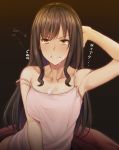  arm_up armpits bangs breasts brown_eyes brown_hair clenched_teeth collarbone commentary_request hickey highres large_breasts long_hair looking_at_viewer original solo strap_slip suggestive_fluid takocha tears teeth translation_request upper_body 