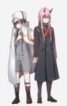  1girl black_hair blue_eyes brown_footwear coat commentary cosplay costume_switch darling_in_the_franxx english_commentary green_eyes hat highres hiro_(darling_in_the_franxx) holding_hands horns long_hair military military_uniform nakadai_chiaki oni_horns open_clothes open_coat peaked_cap pink_hair shoes socks uniform zero_two_(darling_in_the_franxx) 