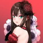  bare_shoulders black_gloves brown_hair choker closed_mouth commentary_request earrings eyebrows_visible_through_hair flower gloves gradient gradient_background green_eyes hair_flower hair_ornament idolmaster idolmaster_cinderella_girls idolmaster_cinderella_girls_starlight_stage jewelry lips long_hair looking_at_viewer love_destiny maou(demonlord) red_background red_choker shibuya_rin solo upper_body 