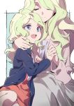  :d age_difference bernadette_cavendish blonde_hair blue_eyes blue_jacket blush breasts brown_jacket cleavage closed_eyes closed_mouth commentary_request diana_cavendish dress eyebrows_visible_through_hair grey_skirt happy_birthday highres holding_hands jacket light_green_hair little_witch_academia long_hair long_skirt long_sleeves mother_and_daughter multicolored_hair multiple_girls open_clothes open_jacket open_mouth red_dress round_teeth sitting skirt smile tama_(tama-s) tareme teeth two-tone_background two-tone_hair very_long_hair wavy_hair younger 