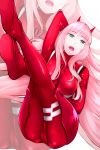  arm_behind_head arm_up bk201 bodysuit breasts breasts_apart cameltoe darling_in_the_franxx floating_hair full_body green_eyes highres horns long_hair looking_at_viewer medium_breasts open_mouth pilot_suit pink_hair red_bodysuit skin_tight solo very_long_hair zero_two_(darling_in_the_franxx) zoom_layer 