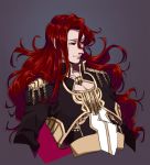 alvis_(fire_emblem) european_clothes fire_emblem fire_emblem:_seisen_no_keifu grey_background highres jacket long_hair male_focus red_eyes red_hair simple_background smile solo 