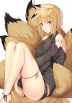  animal_ears ankle_ribbon bangs bare_legs bare_shoulders barefoot between_legs black_panties blue_eyes blush commentary_request drop_shadow eyebrows_visible_through_hair fox_ears fox_girl fox_tail grey_sweater hand_between_legs highres knees_up long_sleeves looking_at_viewer medium_hair multiple_tails no_pants original panties reinama ribbon simple_background sitting sleeves_past_wrists solo striped striped_ribbon sweater tail thigh_ribbon underwear white_background 