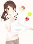  beige_background black_shorts brown_eyes brown_hair commentary_request eyebrows_visible_through_hair food groin hot ice_cream ice_cream_cone long_hair looking_at_viewer navel original ponytail popsicle shiny shiny_hair shirt shirt_pull short_sleeves shorts sidelocks simple_background sketch_eyebrows solo sweatdrop tsukino_(kjdhfap) white_shirt 