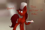 chef cooking cutie_mark digital_media_(artwork) earth_pony english_text equine feral food fur hair hat holding_object horse male mammal mars_miner marsminer mostly_nude my_little_pony open_mouth open_smile pickaxe pony red_eyes red_fur red_hair serving_tray smile solo text tongue 