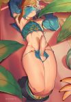  armpits blonde_hair blue_eyes commentary crossdressing detached_sleeves erection gerudo_link highres link lying male_focus navel on_back otoko_no_ko pants_down penis plant pointy_ears precum roropull solo stomach the_legend_of_zelda the_legend_of_zelda:_breath_of_the_wild uncensored underwear veil veil_lift 