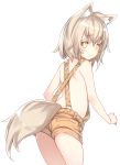  alternate_hair_length alternate_hairstyle animal_ears ass bare_shoulders blonde_hair blush bright_pupils eyebrows_visible_through_hair fox_ears fox_girl fox_tail from_behind hair_between_eyes highres looking_at_viewer naked_overalls original overalls short_hair simple_background solo suspenders tail thick_eyebrows tsunekichi white_background yellow_eyes yoru_(tsunekichi) 