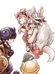  1other 2girls :3 agakunoda animal animal_ears blush_stickers brown_eyes brown_hair character_request claws closed_eyes facial_mark furry goggles goggles_on_head hat helmet highres looking_at_another made_in_abyss meinya_(made_in_abyss) mitty_(made_in_abyss) mitty_(made_in_abyss)_(furry) multiple_girls nanachi_(made_in_abyss) on_head regu_(made_in_abyss) riko_(made_in_abyss) tail whiskers white_background yellow_eyes 