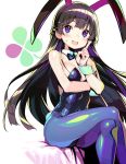  animal_ears bare_shoulders black_hair black_neckwear blue_eyes blush bow bowtie braid breasts bunny_ears bunny_girl bunnysuit cleavage commentary crossed_legs detached_collar hair_ornament index_finger_raised long_hair nijisanji open_mouth pantyhose shunin sweatdrop tsukino_mito virtual_youtuber 