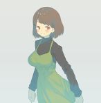  :d alternate_costume arms_at_sides blush breasts brown_hair chara_(undertale) dress green_dress grey_background long_sleeves looking_at_viewer medium_breasts open_mouth oshiruko_(tsume) pinafore_dress red_eyes shiny shiny_hair simple_background smile solo tareme teeth undertale upper_body 