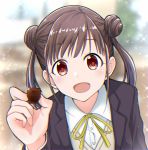  blurry brown_eyes brown_hair chocolate depth_of_field double_bun halsya highres idolmaster idolmaster_shiny_colors school_uniform solo sonoda_chiyoko sparkle twintails upper_body 