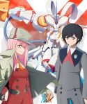 1girl black_hair blue_eyes coat commentary couple darling_in_the_franxx double-breasted english_commentary green_eyes hat highres hiro_(darling_in_the_franxx) horns long_hair military military_uniform necktie oni_horns open_clothes open_coat orange_neckwear peaked_cap pink_hair red_neckwear strelizia uniform yunyunmaru zero_two_(darling_in_the_franxx) 