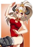  aliza_(granblue_fantasy) breasts cleavage cleavage_cutout commentary_request draph dress earrings granblue_fantasy graphite_(medium) hair_ornament highres horns jewelry long_hair omega_(endsunrise) open_mouth pointy_ears ponytail red_dress red_eyes side_slit silver_hair solo traditional_media 