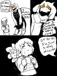  alternate_universe backpack black_background boss_monster caprine clothing comic dialogue english_text eyeshadow flora_fauna flowey_the_flower fur goat group hi_res human irizzle joking makeup mammal nervous plant protagonist_(undertale) shaking simple_background smile sweat text toriel toriel_(underfell) torn_clothing underfell undertale video_games white_background white_fur yellow_sclera 