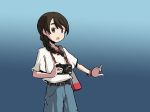  adrian_ferrer bag belt black_hair blue_background bow braid brown_eyes camera casual cowboy_shot gradient gradient_background hair_bow handbag kantai_collection open_mouth shirt shorts single_braid smile solo t-shirt uranami_(kantai_collection) 