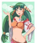  :d aori_sora bare_shoulders breasts feena_(grandia) grandia grandia_i green_background green_eyes green_hair hair_ornament hair_tubes hand_on_hip jewelry long_hair low-tied_long_hair midriff navel open_mouth pendant smile solo wide_sleeves 
